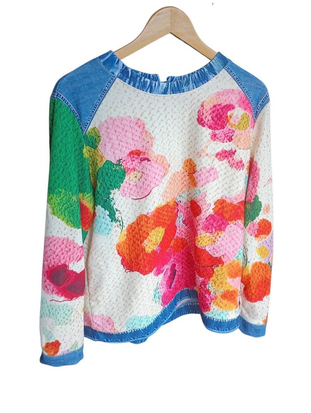 Vibrant Longsleeve Floral Printed Denim Top Size Large
